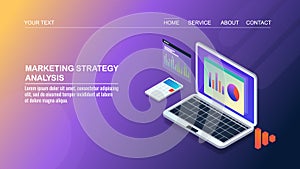 Marketing strategy analysis, analytics data and information showing on laptop screen, isometric design concept.