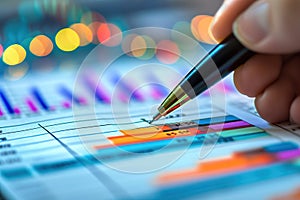 Marketing strategy businessman working using pen pointing to analyze financial investment graphs. generative ai