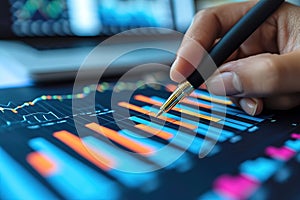 Marketing strategy businessman working using pen pointing to analyze financial investment graphs. generative ai