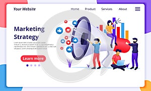 Marketing strategy campaign concept, people holding and shout on giant megaphone for promotion and sales program. Modern flat web