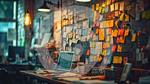 Marketing Strategy Concept: Working desk with multicolor sticky notes filled wall