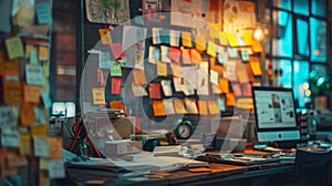 Marketing Strategy Concept: Working desk with multicolor sticky notes filled wall