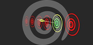 Marketing strategy, marketing goals and business tries concept. many unfocused red targets signs whit one green target sign. grey