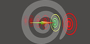 Marketing strategy, marketing goals and business tries concept. many unfocused red targets signs whit one green target sign. grey