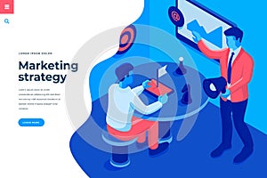 Marketing strategy isometric vector illustration for landing page header template or web banner with copy space for text