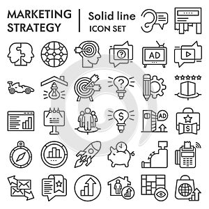 Marketing strategy line icon set, advertising symbols set collection or vector sketches. Media signs set for computer