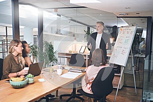 A marketing strategy maximizes success. a mature businessman delivering a presentation to his coworkers in the boardroom