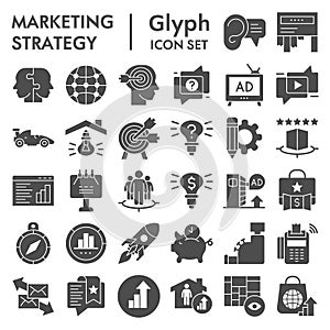 Marketing strategy solid icon set, advertising symbols set collection or vector sketches. Media signs set for computer