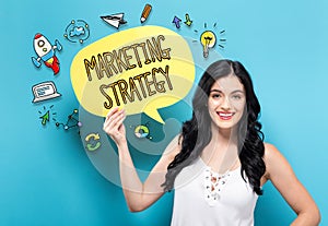 Marketing Strategy with woman holding a speech bubble