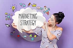 Marketing Strategy with woman holding a speech bubble