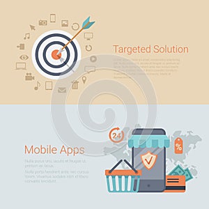 Marketing targeted mobile apps flat infographics banner slider photo