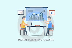 Marketing team analyzing business data, customer profile, digital marketing analysis concept. Flat design vector banner.