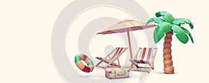 Marketing tourism and travel concept banner in 3d realistic style with beach chairs, suitcase, umbrella, palm tree, lifebuoy.