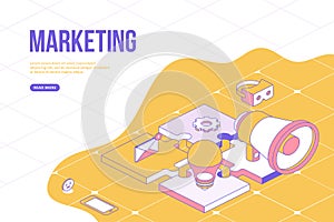 Marketing web banner concept. Creative design template with Isometric objects. Analytics, content, online, community and more.