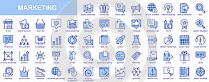 Marketing web icons set in blue line design. Pack of social media, advertising, global business, seo, viral content, online