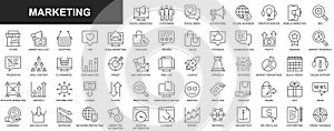 Marketing web icons set in thin line design. Pack of social media, advertising, global business, seo, viral content, online