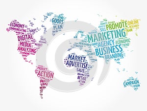 Marketing word cloud in shape of World Map, business concept background