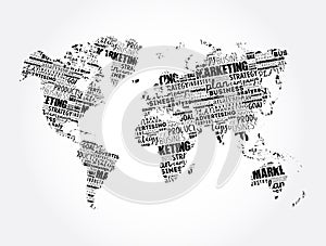 Marketing word cloud in shape of world map, business concept background