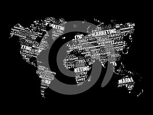 Marketing word cloud in shape of world map, business concept background