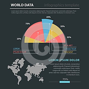 Marketing world map flat infographic: diagram pie chart