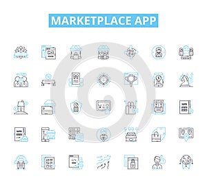 Marketplace app linear icons set. Commerce, Transaction, Buying, Selling, Platform, Trade, Exchange line vector and