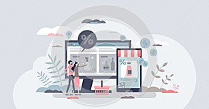 Marketplace with e-commerce store front and products tiny person concept