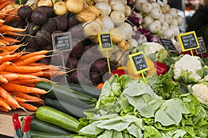 Marketplace with garden truck, vegetables, fruits, berries etc.