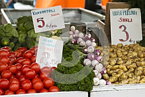 Marketplace with garden truck, vegetables, fruits, berries etc