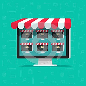 Marketplace online store vector illustration, flat cartoon internet multivendor shop on computer with multi vendor