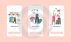 Marketplace Retail Business Mobile App Page Onboard Screen Template. Tiny Characters Use Digital Shop Smartphone App