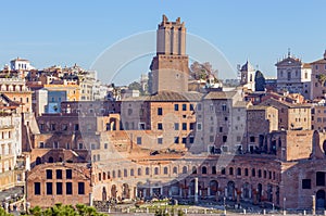 The Markets of Trajan, the Militia Tower is visible in the center, rising above the markets, Rome, Italy.