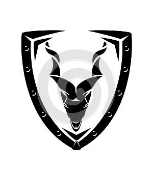 Markhor mountain goat head and security shield black and white vector design