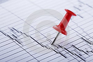 Marking financial chart by pins.Share listing and checking financial chart. Concept of banking, financial report and financial