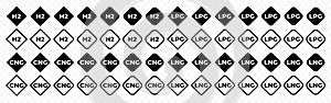 Marking of gas fuel types: H2, CNG, LPG, LNG vector design. Gaseous type of fuel labeling in the rhombus design