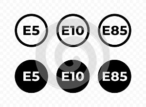 Marking of gasoline fuel types: E5, E10, E85 vector design. Petrol type of fuel labeling in the circle design
