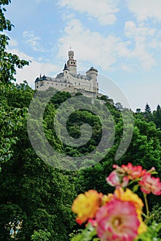 Marksburg Castle high on a hill on the Rhine River Valley