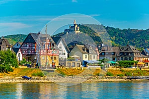 Marksburg castle viewed behind village Spay in Germany