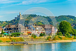 Marksburg castle viewed behind village Spay in Germany