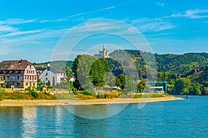 Marksburg castle viewed behind village Spay in Germany