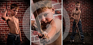 Marksman collage: kid with bow and arrow photo