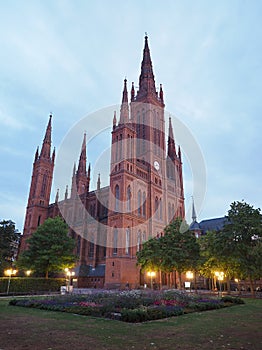 Marktkirche of red brick on a Schlossplatz at Night in Wiesbaden, the state capital of Hessen in Germany.