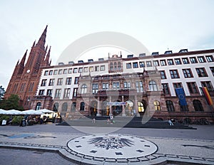 Marktkirche of red brick on a Schlossplatz at Night in Wiesbaden, the state capital of Hessen in Germany.