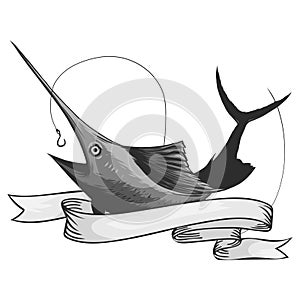 Marlin fish logo. Sword fishing emblem for sport club. Angry fish background theme vector illustration.