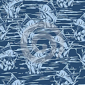 Marlin fish monochrome pattern seamless