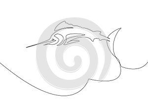 Marlin or swordfish jumping out from the sea wave in the one line art technique