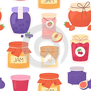 Marmalade jar seamless pattern. Sweet confiture or fruit jam. Berries compote and canned fruits. Homemade preserves racy