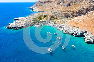 Marmara beach at the end of Aradena gorge and coastline alongside e4 trail at south-west coast of Crete island, Greece