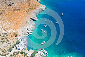 Marmara beach at the end of Aradena gorge and coastline alongside e4 trail at south-west coast of Crete island, Greece