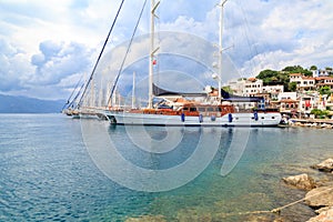 Marmaris castle area seaport with turquoise sea and boats