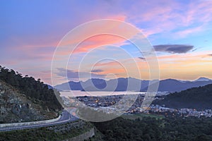 Marmaris cityscape with city lights during dusk in Turkey